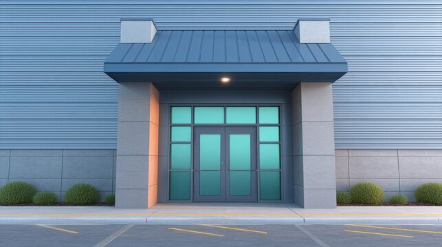 Modern commercial building entrance with sleek design and glass doors featuring landscaping and bright lighting in a corporate environment - Powered by Adobe
