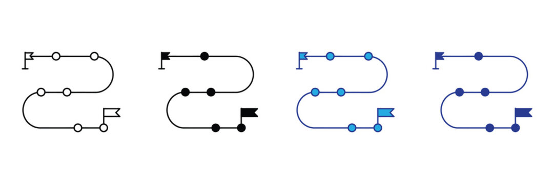 Set of four path icons showing a winding route with start and end flags, points, and different fill styles, isolated on white.