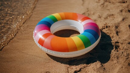 Obraz premium Colorful rainbow pool float lies on golden sand close to the water. Sunlight reflects off the surface as gentle waves lap at the shore. A perfect scene for summer fun.