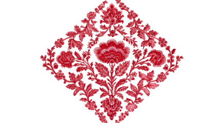 Hand-block printed napkin with traditional Christmas floral motif in crimson, isolated on white background