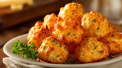 Fototapeta premium A plate of golden cheesy baked balls sits on a wooden table perfect for sharing at a casual gathering. They are garnished with fresh parsley adding color to the dish.