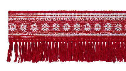 Handwoven cotton table runner with red fringe and white snowflake band, isolated on white background