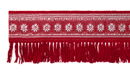 Handwoven cotton table runner with red fringe and white snowflake band, isolated on white background
