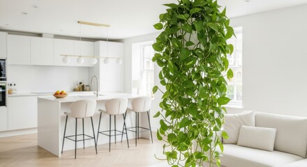 Modern white kitchen with hanging pothos plant