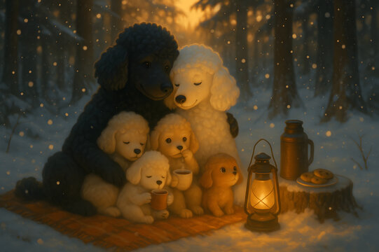 Cute Poodle Family Huddled in Snowy Forest at Sunset