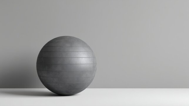 Gray exercise ball on a minimalist white surface against a plain gray wall creating a modern and clean aesthetic for fitness and wellness designs. - Powered by Adobe