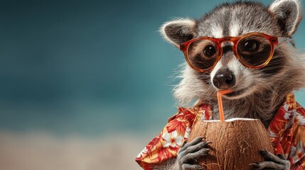 A raccoon relaxes on a sunny beach holding a coconut drink with a straw. Wearing bright sunglasses and a tropical shirt it enjoys a carefree day by the shore.