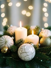 Warm Christmas Bokeh Photography with Two Advent Candles, Evergreen Branches, White and Gold Ornaments, Soft Focus Glow, Shallow Depth of Field, Elegant Holiday Scene with Magical Candlelight