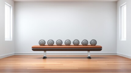 Modern Fitness Studio Interior with Dumbbells on a Bench, Bright Natural Light in Minimalist Design Space, Ideal for Health and Wellness Promotion