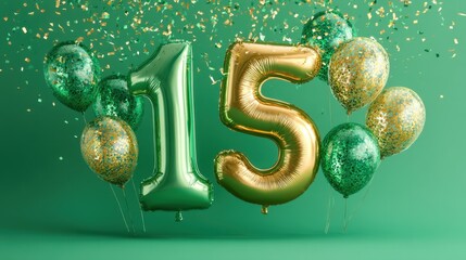 The scene captures a vibrant celebration for a 15th birthday featuring large metallic balloons shaped like the number 15 surrounded by colorful balloons and confetti.