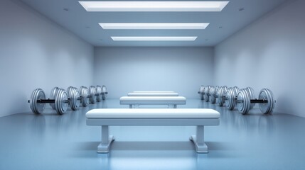 Modern Minimalistic Gym Interior Featuring Empty Weightlifting Benches and Dumbbells in a Bright, Spacious Workout Environment