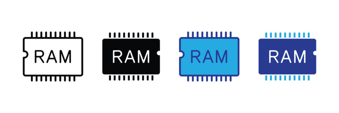Collection of four distinct ram chips icons, each with the abbreviation 'ram' clearly visible, on a white background, showcasing variety in design and color. 111