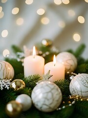Warm Christmas Bokeh Photography with Two Advent Candles, Evergreen Branches, White and Gold Ornaments, Soft Focus Glow, Shallow Depth of Field, Elegant Holiday Scene with Magical Candlelight