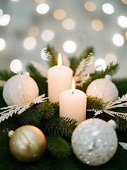 Fototapeta premium Warm Christmas Bokeh Photography with Two Advent Candles, Evergreen Branches, White and Gold Ornaments, Soft Focus Glow, Shallow Depth of Field, Elegant Holiday Scene with Magical Candlelight
