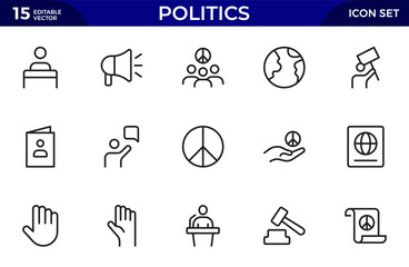 Politics outline Icon Set. A comprehensive collection of icons representing political themes.Thin outline icons pack. Vector illustration