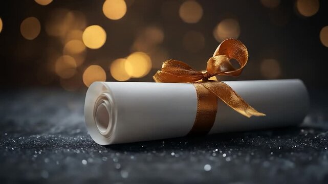 A scroll tied with a gold ribbon, set against bokeh lights and sparkly surface