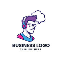 Young man wearing glasses and headphones podcast gamer Vector logo template