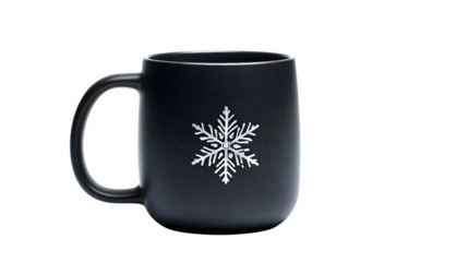 Matte black holiday mug with single white snowflake decal, isolated on white background