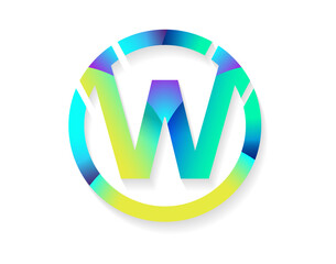 Abstract glowing letter w logo with vibrant iridescent gradient colors and a circular outline isolated on transparent background