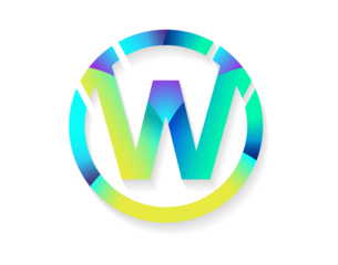 Abstract glowing letter w logo with vibrant iridescent gradient colors and a circular outline isolated on transparent background