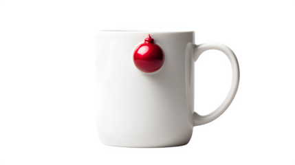 Matte white mug with single raised red Christmas ball detail, isolated on white background