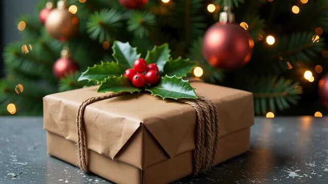 Elegant Christmas Gift Reveal Under Bokeh Lights A Festive 4K Celebration of Holiday Cheer with Artisan Details and Twine Decoration