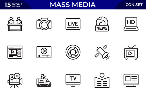 Mass media line icons set. media business concept. Media outline icons set.Thin outline icons pack. Vector illustration