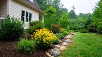 Naklejka premium Lush Garden Landscape with Vibrant Yellow Flowers and Stone Pathway Near Cozy House Surrounded by Greenery and Trees on a Peaceful Day