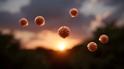 Abstract cellular spheres float ethereally against a dramatic sunset sky with glowing clouds and a blurred natural landscape