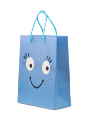 Blue paper shopping bag with smiling funny face