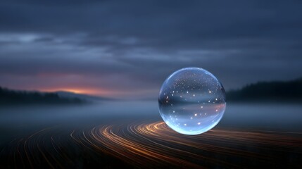 Crystal sphere glowing with internal lights rests on a misty landscape at twilight with abstract light trails