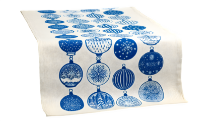 Organic cotton table runner with screen-printed snow globe pattern, isolated on white background