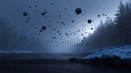 Abstract dark spheres fill the hazy twilight sky above a snowy forest and dark river creating a mysterious ethereal atmosphere