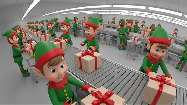 Elves in Workshop Production Festive Gifts on Conveyor Belts in Whimsical Animation