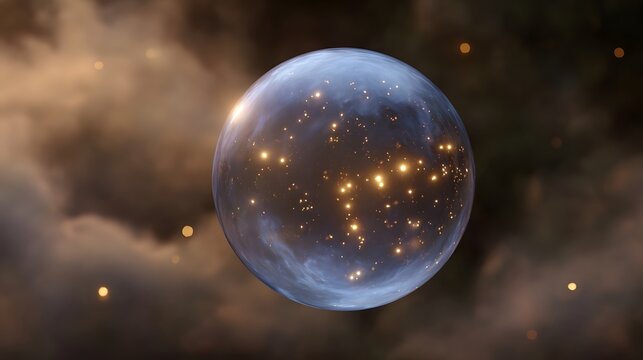 A luminous transparent sphere containing golden particles floats in a mystical cloudy cosmic atmosphere