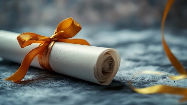 Rolled white paper with a gold ribbon tied around it, lying on a textured surface
