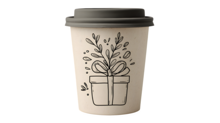 Plant-based cup with minimalist line art of wrapped gift box, isolated on white background