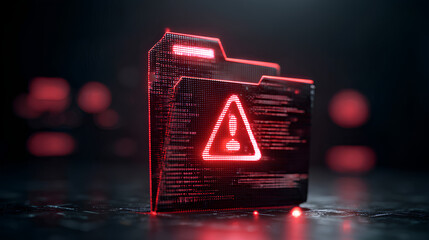 Cybersecurity file breach concept. Digital document and folder warning alert with error, malware attack, data corruption, and information loss through system vulnerability.