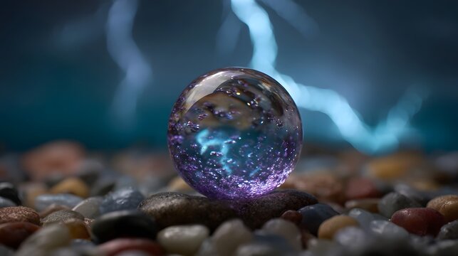 A luminous glowing orb filled with shimmering particles rests on a bed of pebbles with blurred lightning in the background