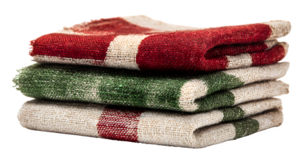 Recycled fabric tablecloth with abstract Christmas color blocks in red, green, and cream, isolated on white background
