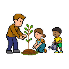 Pixel art children planting tree environmental theme