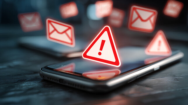 Cybersecurity threat from fake email and SMS alerts on smartphone, with red warning icons indicating phishing messages, identity theft risk, and online fraud targeting mobile users - Powered by Adobe