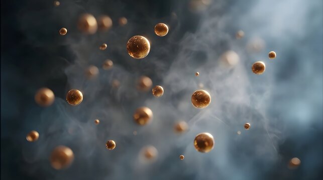 Golden spheres resembling tiny molecules or planets suspended in a mystical swirling mist with soft ethereal morning light