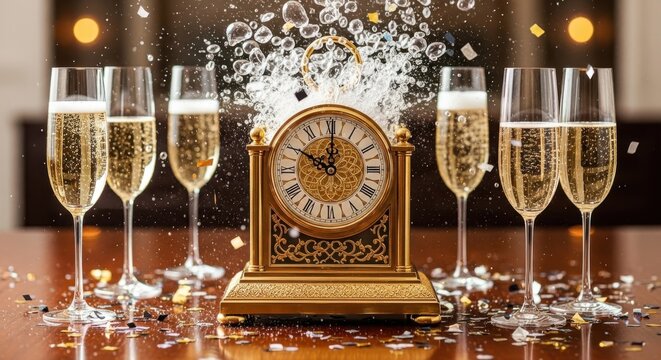 Golden clock striking midnight amidst champagne glasses celebrating new year's eve
