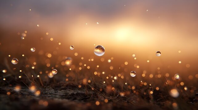 Tiny water droplets sparkle on grass in the soft golden light of sunrise creating a bokeh effect