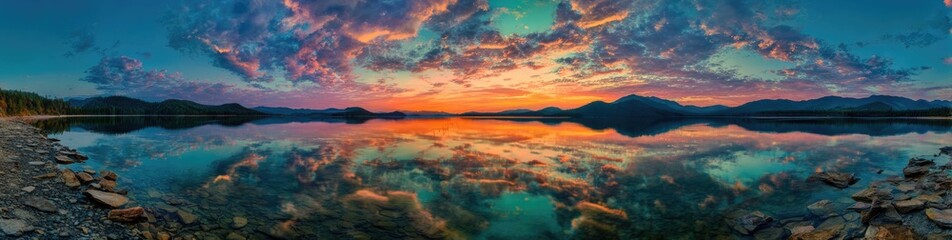 Fototapeta premium Serene lake at sunset, vibrant clouds reflected