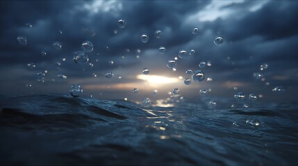 Bubbles ascend from the deep blue ocean waves under a dramatic sunset sky filled with dark swirling clouds reflecting ethereal light