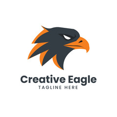 Obraz premium Aggressive, black and orange eagle head mascot with sharp features, symbolizing power or speed Vector logo template