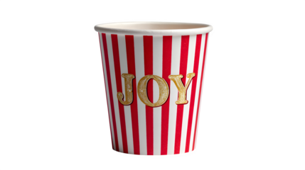 Red and white striped paper cup with festive "Joy" typography in gold foil, isolated on white background