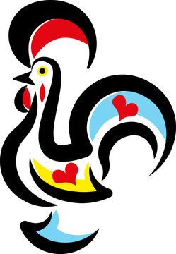 Iconic Galo de Barcelos rooster logo inspired by Portuguese folklore and traditional folk art. Ideal for travel branding, tourism materials, cultural projects, crafts, souvenirs.